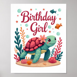 Affiche Thème de fête d'anniversaire Tortue de mer Fille d