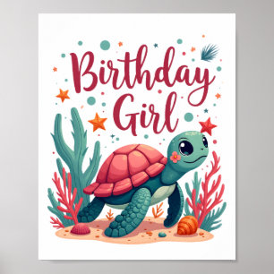 Affiche Thème de fête d'anniversaire Tortue de mer Fille d
