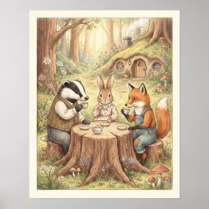 Affiche Thème de fête de thé des Animaux Boisées Fantaisis