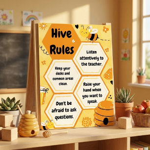 Affiche Thème de l'abeille jaune orange Règles de la salle