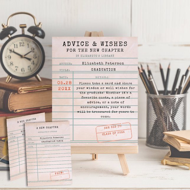 Affiche Thème du livre Bibliothèque Carte Diplôme Conseils (graduation advice wishes sign vintage library card book bookish bookworm literature lover reader)
