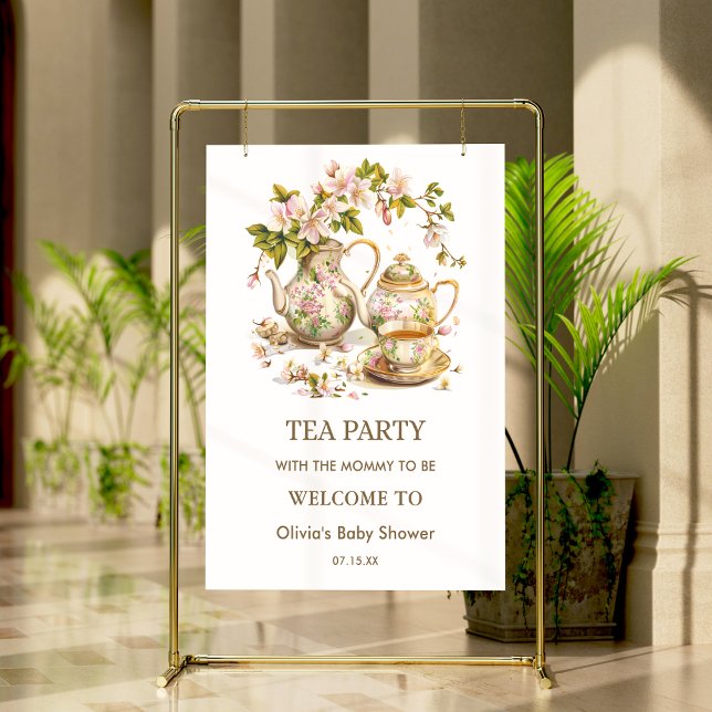 Affiche Thème floral pour la fête du thé pour bébé Bienven (Floral Tea Party Time for Tea Baby Shower Welcome Sign )