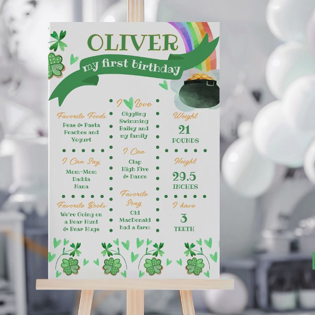 Affiche Thème Irlandais Arc-en-Ciel Premier Anniversaire É (First Birthday Milestone Poster with Lucky Irish St Patrick's theme by Darling & May)