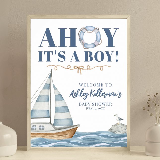 Affiche Thème Marin C'est un Garçon Baby Shower (Nautical Ahoy It's A Boy Baby Shower Poster)