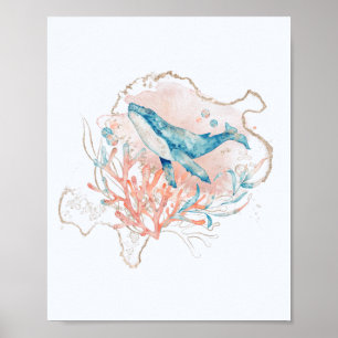 Affiche Thème Océan Baleine Aquarelle Eau Rose et Bleue Me