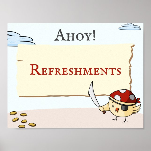 Affiche Thème Pirate avec oiseaux Anniversaire Rafraîchiss (Devant)