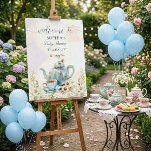 Affiche Thème Tea Party Vintage Bleu Aquarelle Fille ou Ga