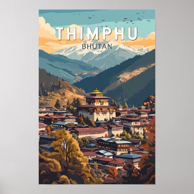 Affiche Thimphu Bhoutan Illustration Voyage Art Rétro (Devant)