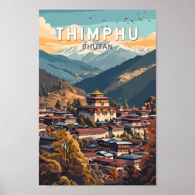 Affiche Thimphu Bhoutan Illustration Voyage Art Vintage (Devant)