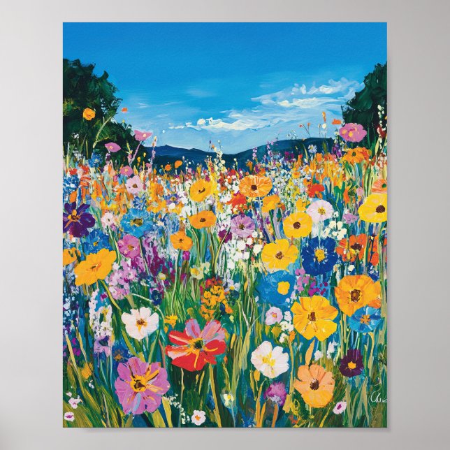 Affiche This vibrant painting depicts a field of wildflowe (Devant)