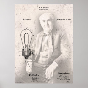 Affiche THOMAS EDISON et son célèbre BREVET LAMP