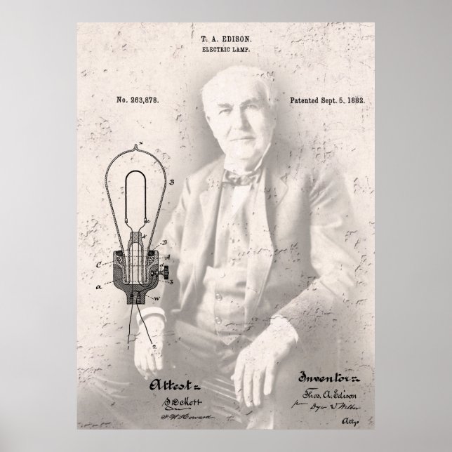 Affiche THOMAS EDISON et son célèbre BREVET LAMP (Devant)