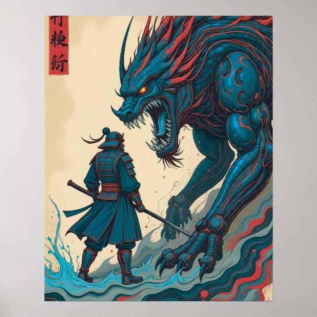 Affiche "Threads of War – Cyber Samouraï vs Glyph Beast" (Devant)