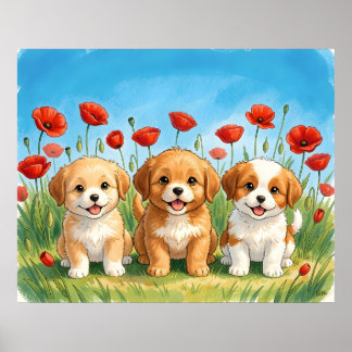 Affiche Three Cute Puppies & Red Poppies Watercolour