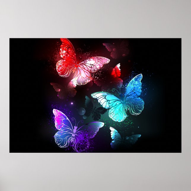 Affiche Three Glowing Butterflies on night background (Devant)