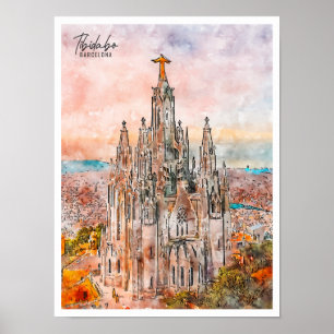 Affiche Tibidabo Barcelone aquarelle vintage de voyage