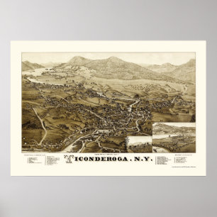 Affiche Ticonderoga, carte panoramique de NY - 1884
