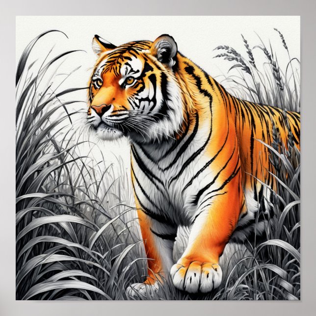 Affiche Tiger Art Color Partiel noir blanc dessin (Devant)