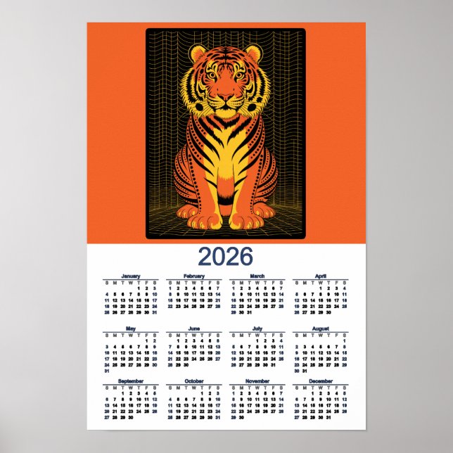 Affiche Tiger Calendar Dramatic Orange  Black Tiger 2026 (Devant)