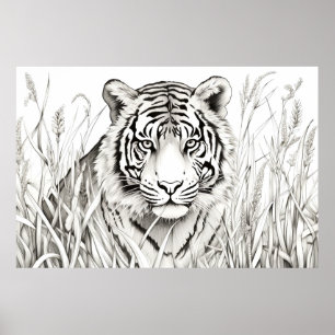 Affiche Tiger Nature paisible Prairie Sketch Style de dess