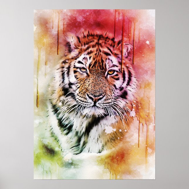 Affiche Tiger Portrait Visage Aquarelle Art graphique (Devant)