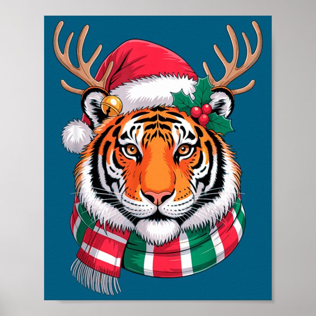 Affiche Tiger Reindeer Christmas Santa Hat Tiger Xmas  (Devant)