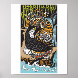 Affiche Tigre, aigle et serpent combattent. Art graphique