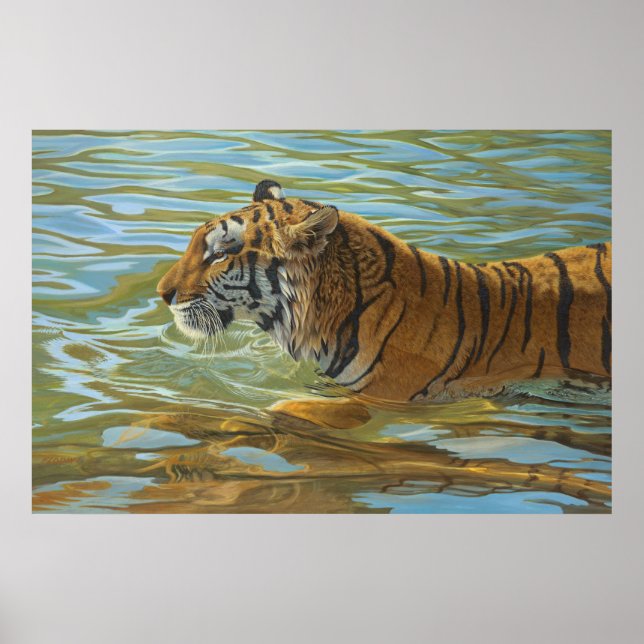 Affiche Tigre Baignade Grosse Chat Peinture Acrylique (Devant)