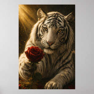 Affiche Tigre Blanc avec rose rouge sous la lumière de la