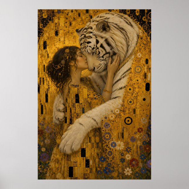 Affiche Tigre Blanc Doré Baiser Éternel Fantaisie Artistiq (Devant)
