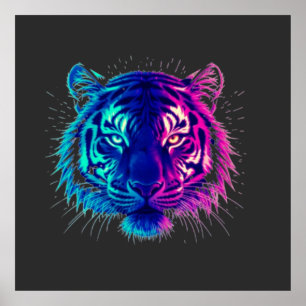 Affiche Tigre Blanc Néon – Art Cyberpunk de Faune Lumineux