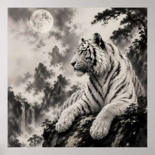 Affiche Tigre Blanc Reposant sur une Falaise Encre Tradi