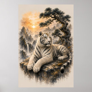 Affiche Tigre blanc sous un pin ancien | Encre chinoise