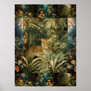 Affiche Tigre Coloré Exotique Dans Collage D'Art Forestier