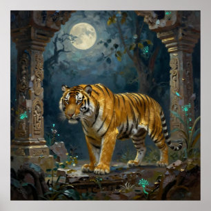 Affiche Tigre dans les dunes anciennes sous la pleine lune