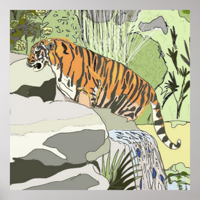 Affiche Tigre dans une cascade (Devant)