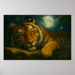 Affiche Tigre d'aquarelle reposant dans la forêt nocturne