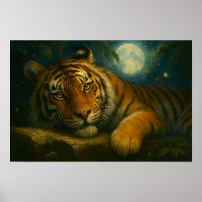 Affiche Tigre d'aquarelle reposant dans la forêt nocturne (Devant)