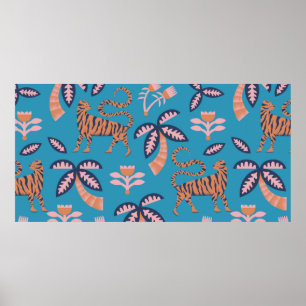 Affiche Tigre de couleur rétro vintage, palmier, soudure à