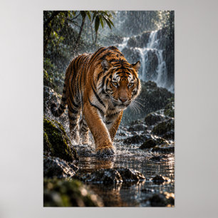 Affiche Tigre du Bengale marchant à travers l'eau de la fo