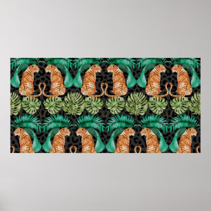 Affiche Tigre et Feuilles en Aquarelle Motif transparent