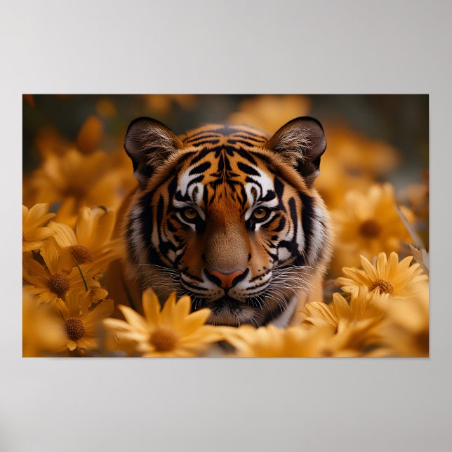 Affiche Tigre majestueux au milieu de fleurs dorées généré (Devant)