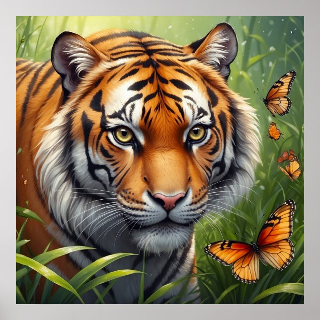 Affiche Tigre majestueux avec papillons dans la jungle (Devant)
