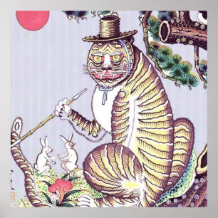 Affiche Tigre Minhwa avec lapins et pipe