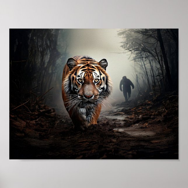 Affiche Tigre noir et orange âgé marchant dans une forêt s (Devant)