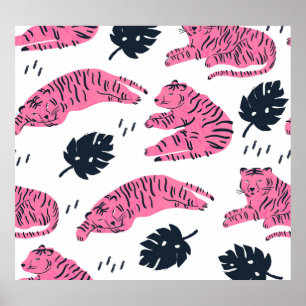 Affiche Tigre Rose Tropical : Vintage Tiret À Main.