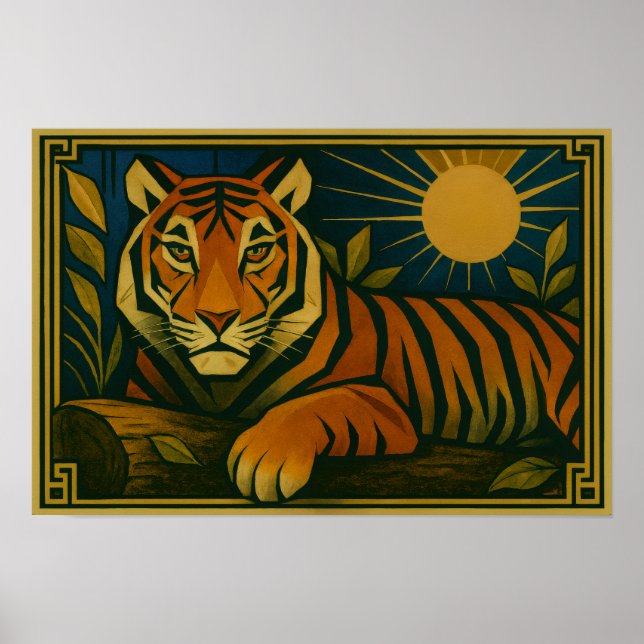 Affiche Tigre stylisé dans le cadre ornemental Sunburst (Devant)