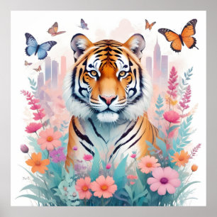 Affiche Tigre Vintage Animal Nature Forêt Jungle Fleurs