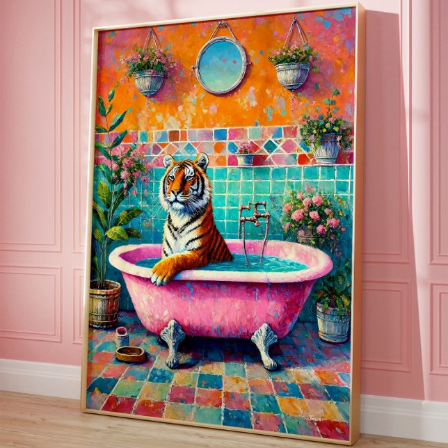 Affiche Tigre Whimsical dans Baignoire rose Boho Art salle (Créateur téléchargé)