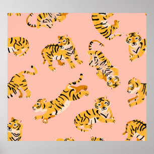 Affiche Tigres caricaturaux, motif vintage rose.